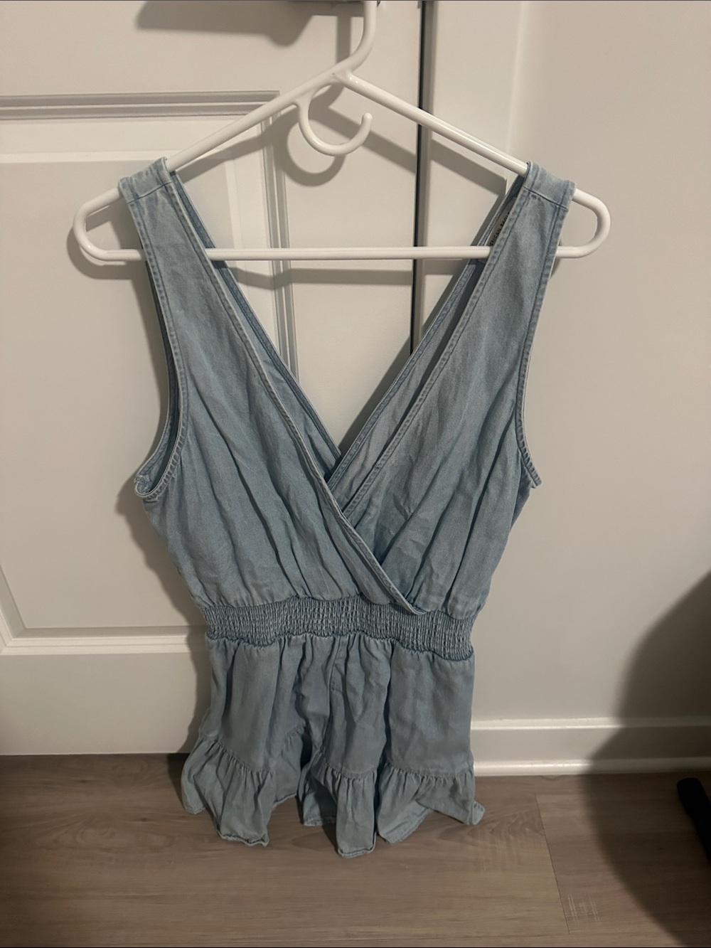 American Eagle Outfitters Light Blue Wrap Smocked Waist Sleeveless Bodysuit